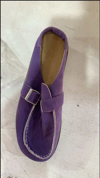 Frosted Suede Round Head Belt Buckle One Pedal Flat Comfortable Foam Bottom Slippers